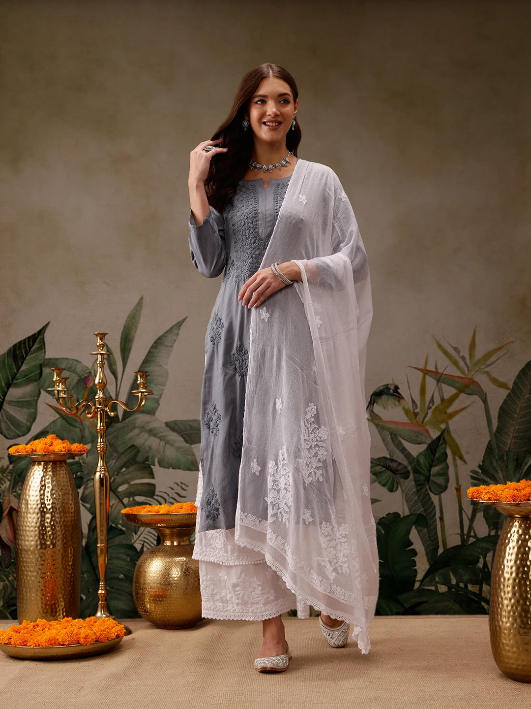 Ada Hand Embroidered White Chiffon Lucknowi Chikankari Dupatta A511226