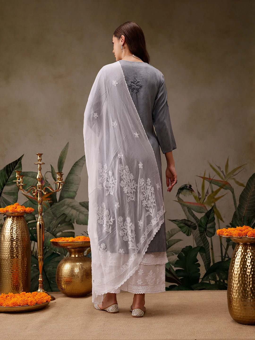 Ada Hand Embroidered White Chiffon Lucknowi Chikankari Dupatta A511226