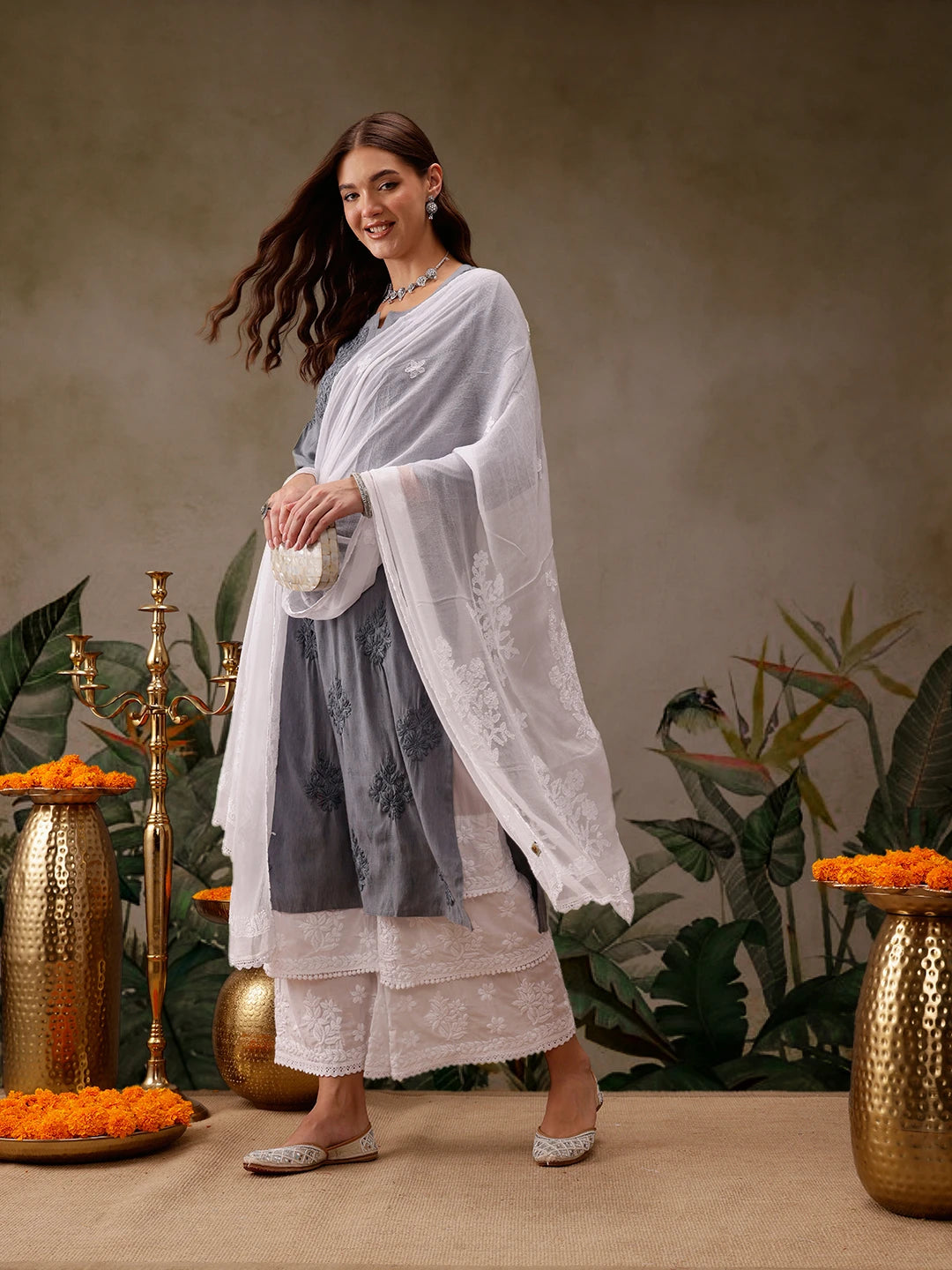 Ada Hand Embroidered White Chiffon Lucknowi Chikankari Dupatta A511226