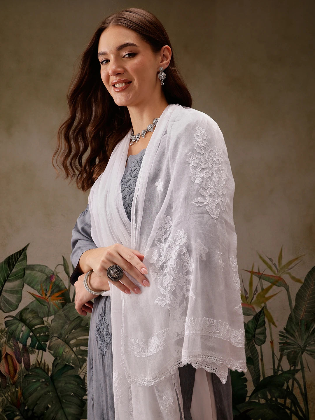 Ada Hand Embroidered White Chiffon Lucknowi Chikankari Dupatta A511226