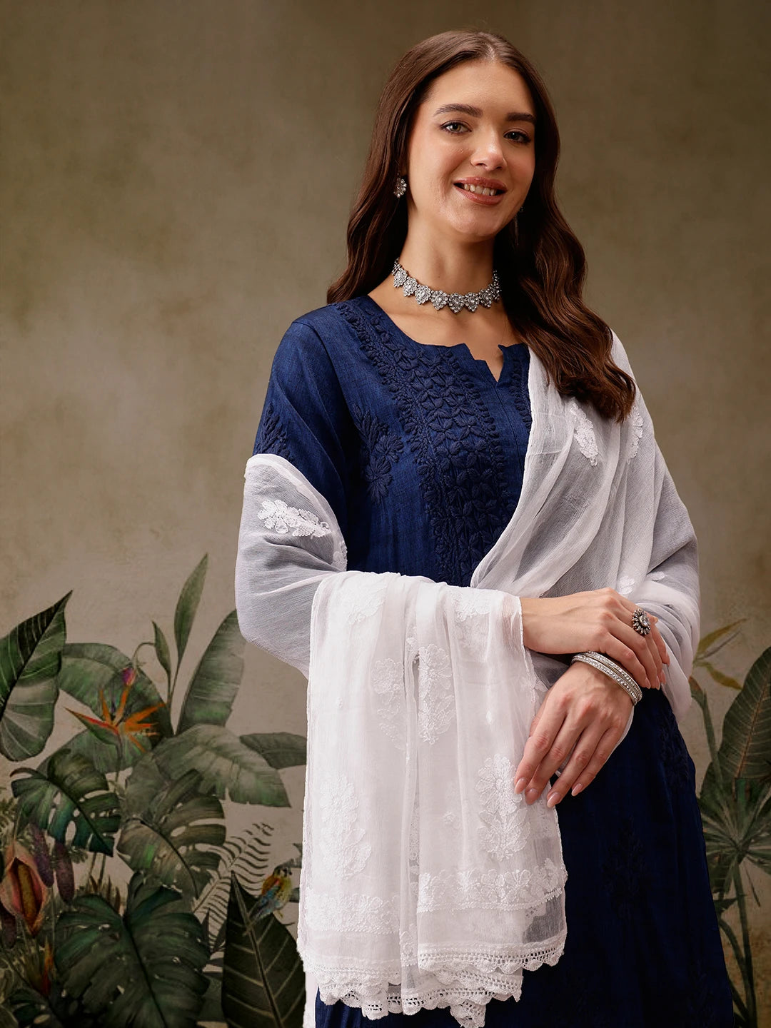 Ada Hand Embroidered White Chiffon Lucknowi Chikankari Dupatta A511225