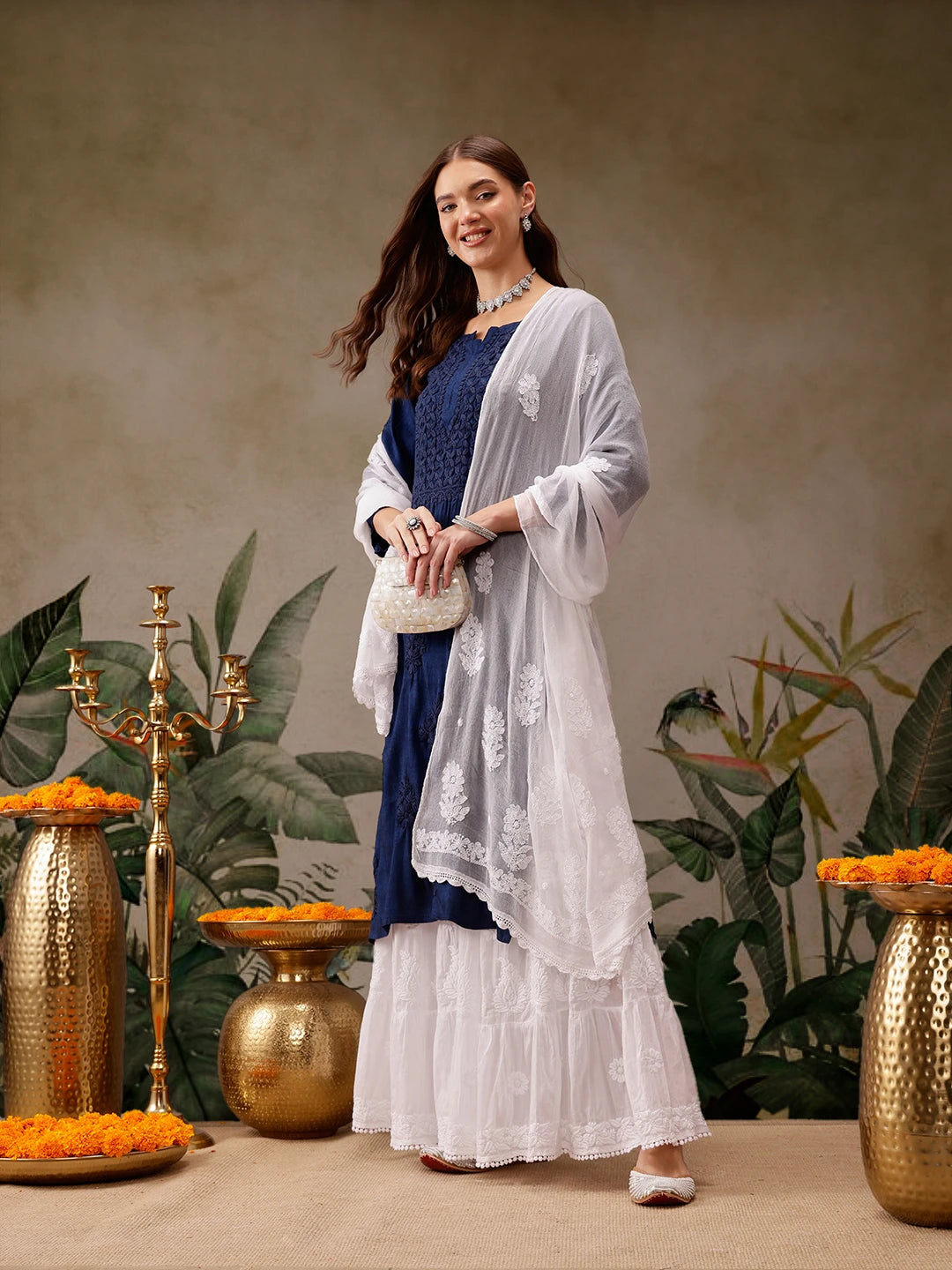 Ada Hand Embroidered White Chiffon Lucknowi Chikankari Dupatta A511225