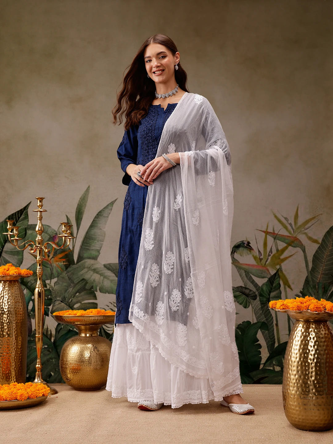 Ada Hand Embroidered White Chiffon Lucknowi Chikankari Dupatta A511225