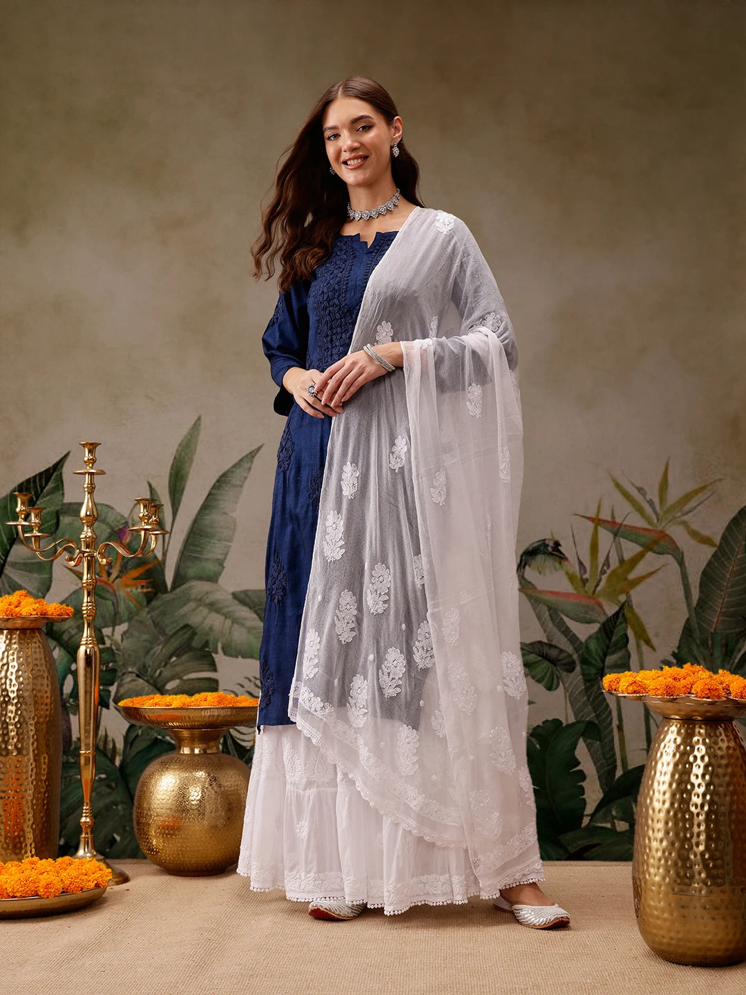 Ada Hand Embroidered White Chiffon Lucknowi Chikankari Dupatta A511225