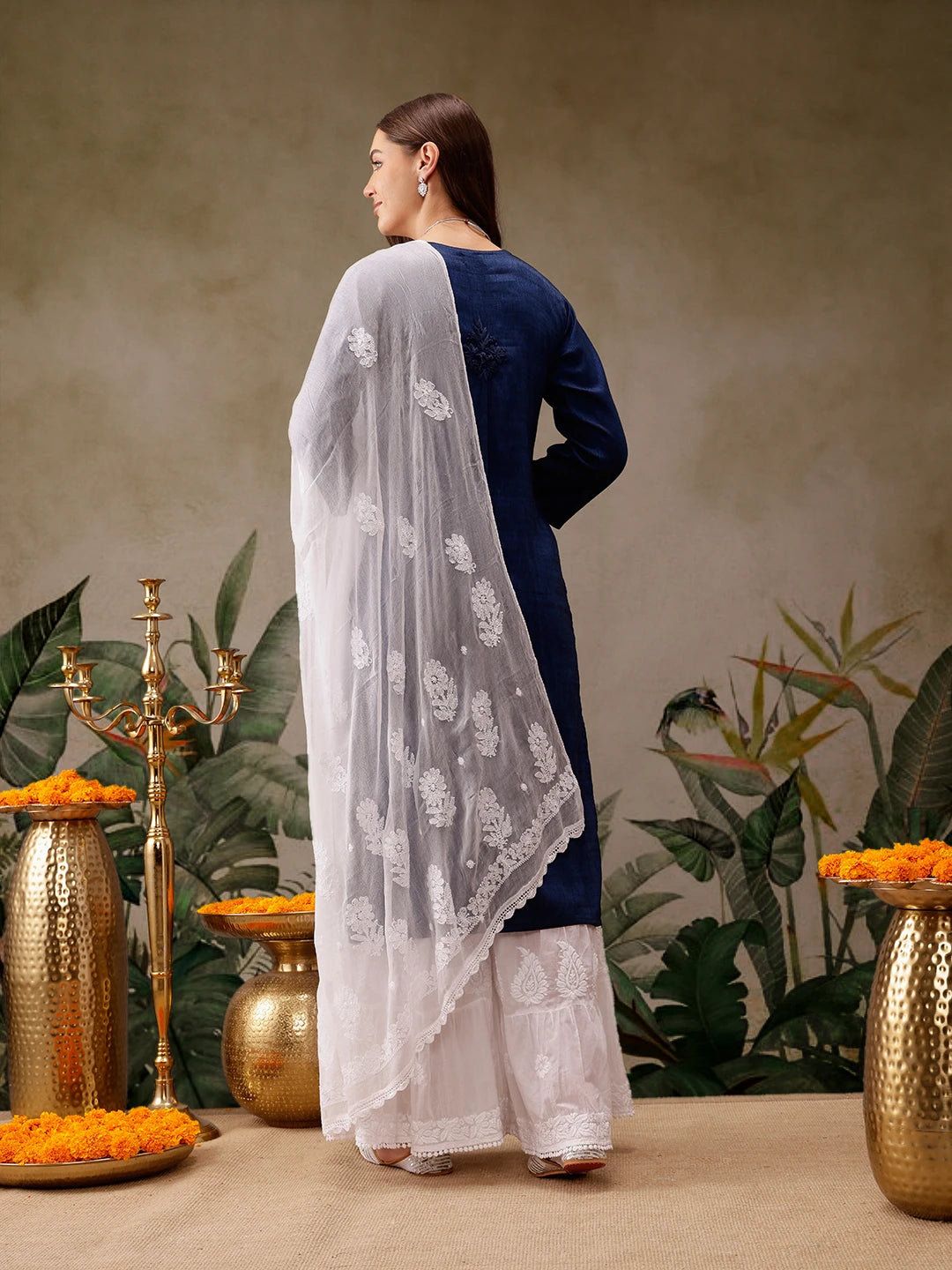 Ada Hand Embroidered White Chiffon Lucknowi Chikankari Dupatta A511225