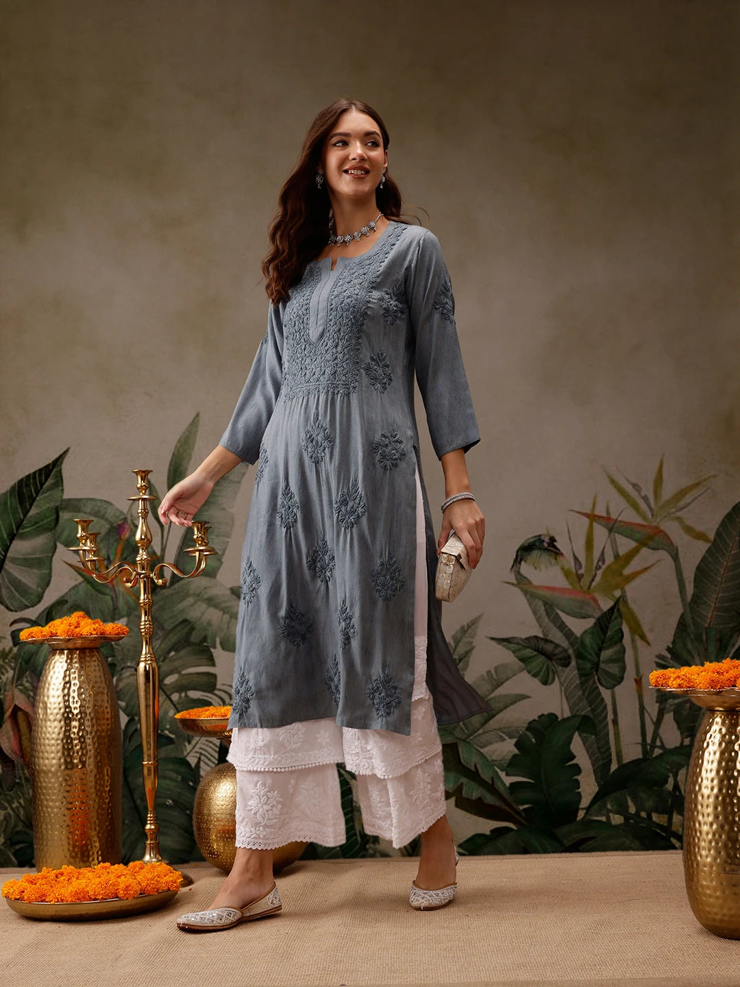 Ada Hand Embroidered Grey Cotton Lucknowi Chikankari Straight Kurta A411564