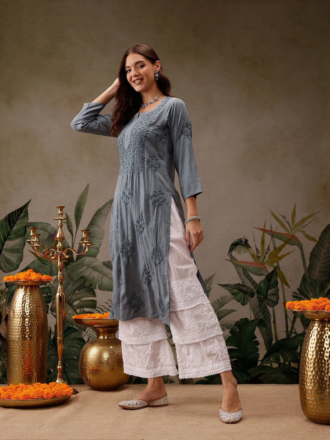 Ada Hand Embroidered Grey Cotton Lucknowi Chikankari Straight Kurta A411564