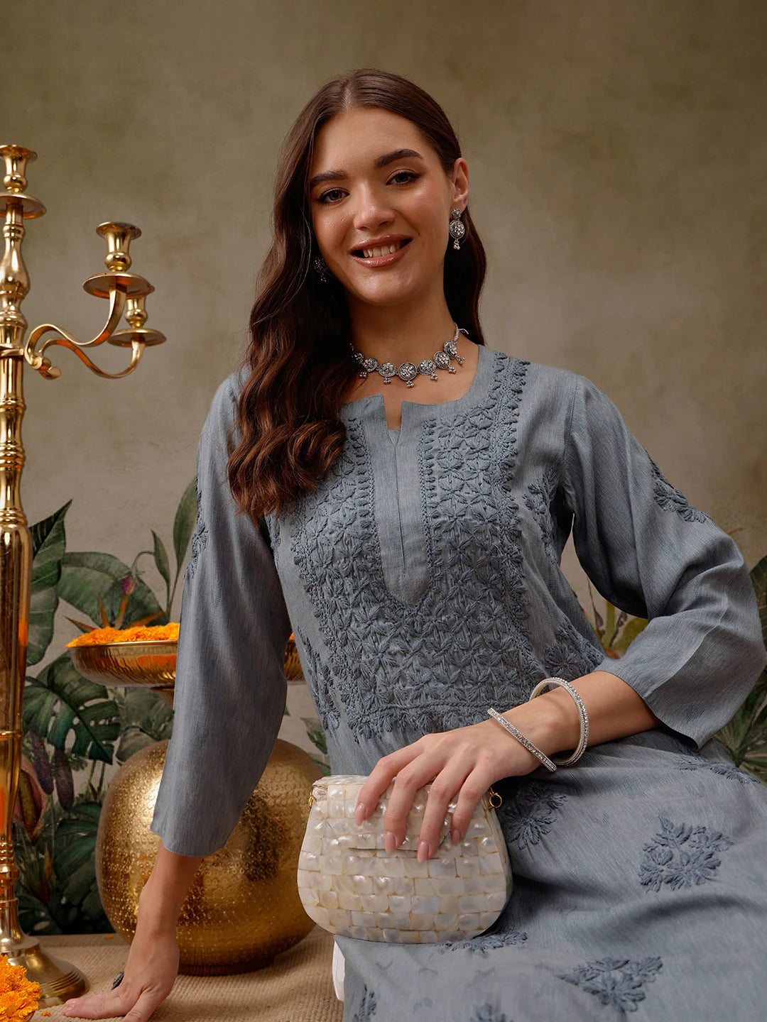 Ada Hand Embroidered Grey Cotton Lucknowi Chikankari Straight Kurta A411564