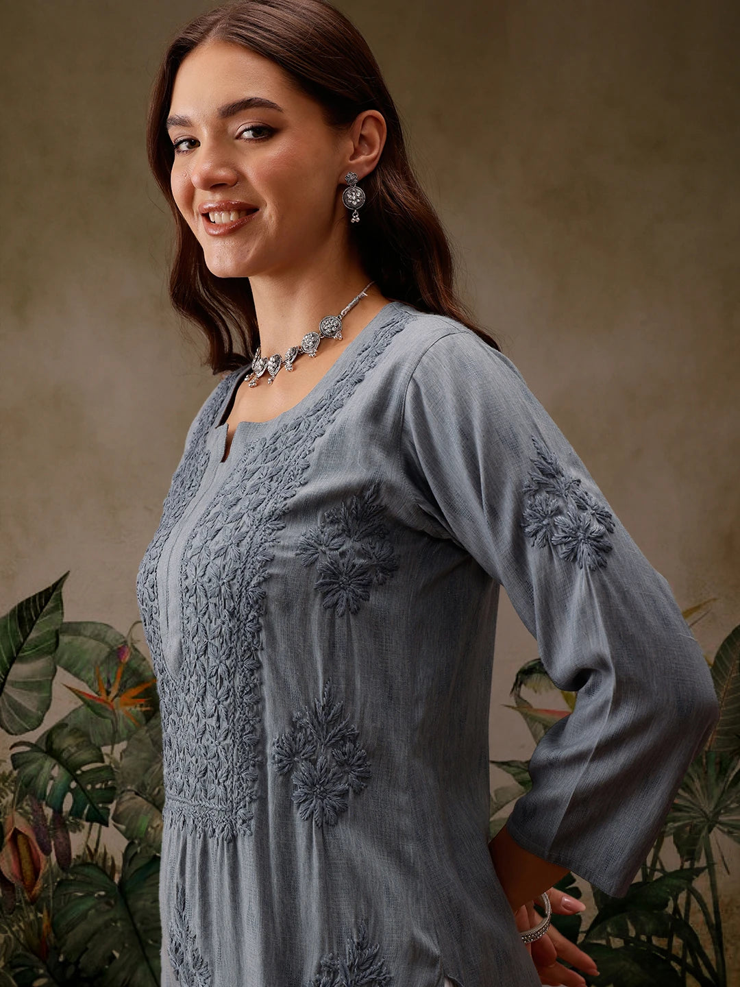Ada Hand Embroidered Grey Cotton Lucknowi Chikankari Straight Kurta A411564