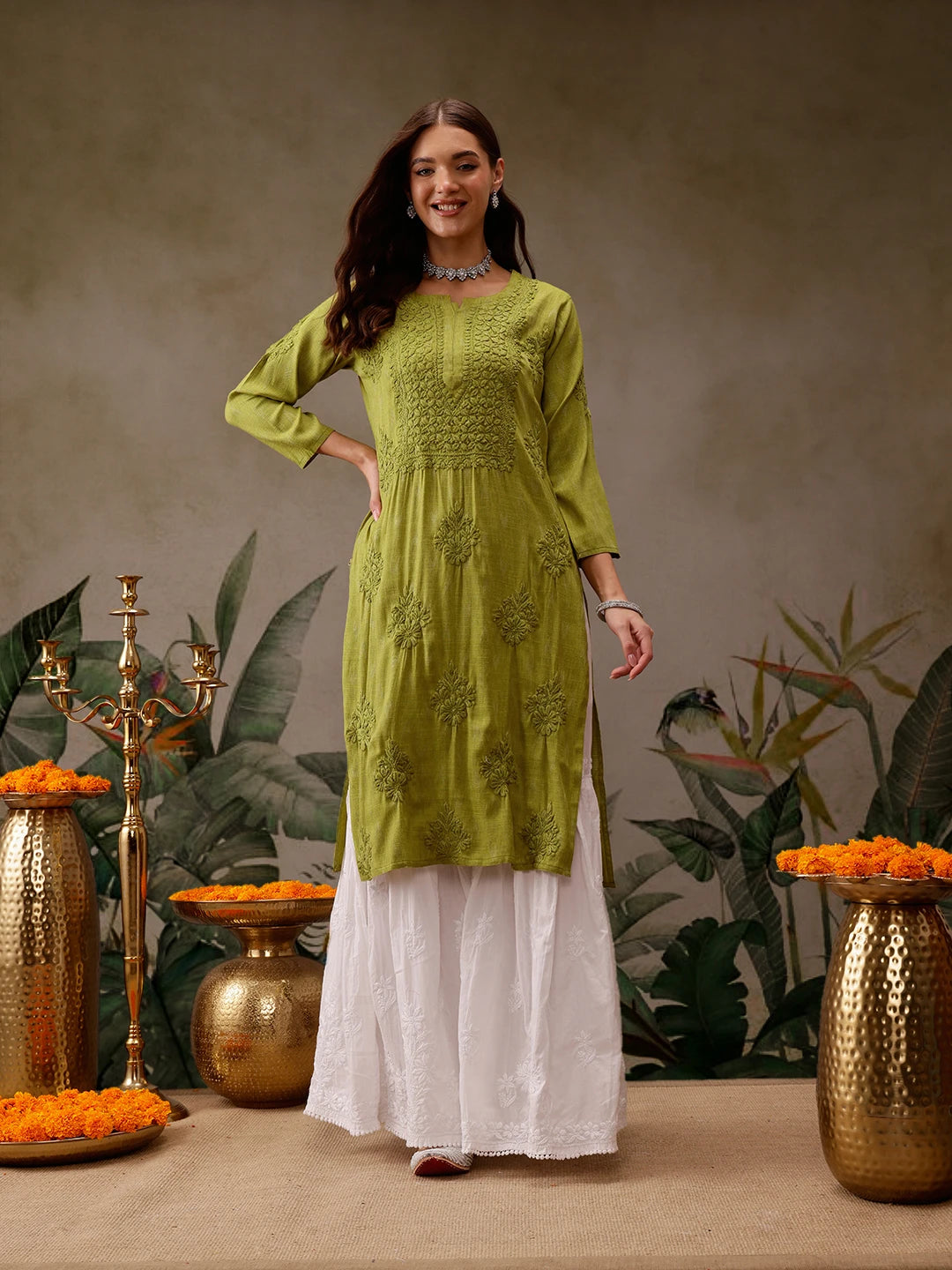 Ada Hand Embroidered Green Cotton Lucknowi Chikankari Straight Kurta A411565