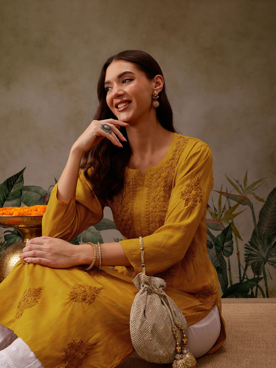 Ada Hand Embroidered Mustard Cotton Lucknowi Chikankari Straight Kurta A411568