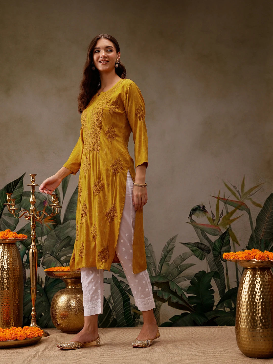 Ada Hand Embroidered Mustard Cotton Lucknowi Chikankari Straight Kurta A411568