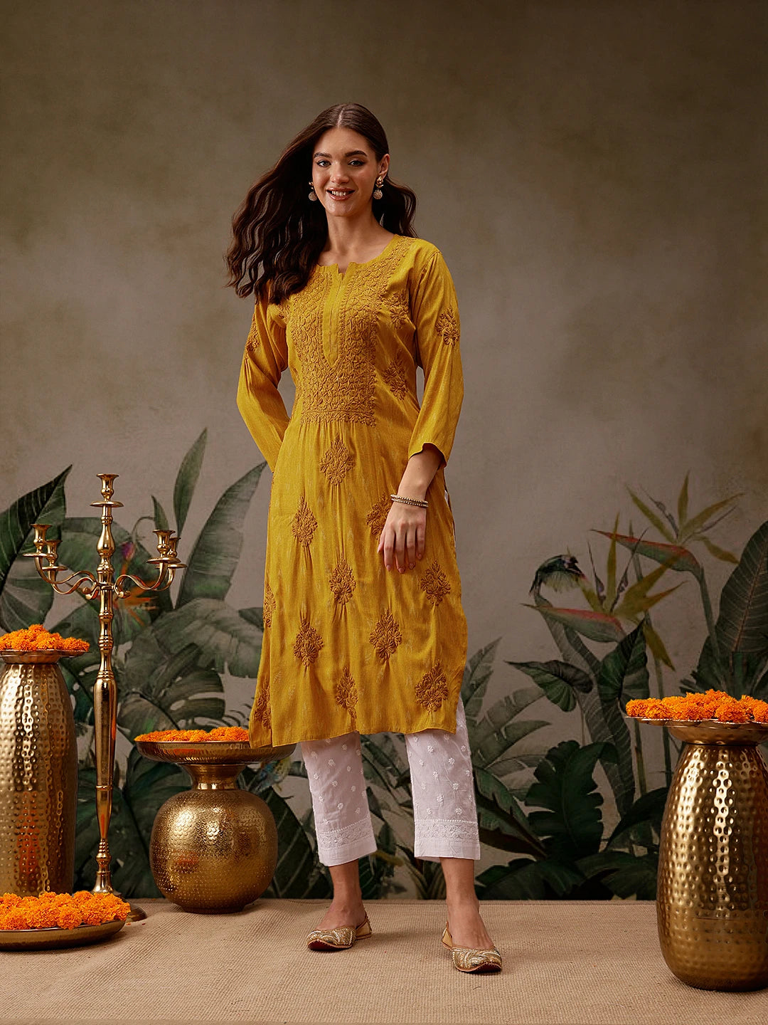 Ada Hand Embroidered Mustard Cotton Lucknowi Chikankari Straight Kurta A411568