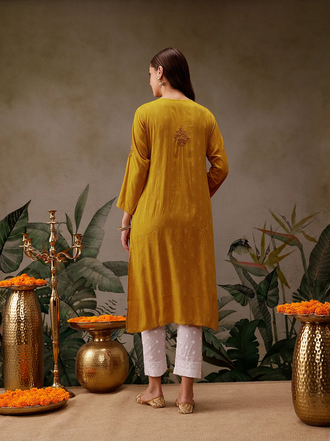Ada Hand Embroidered Mustard Cotton Lucknowi Chikankari Straight Kurta A411568