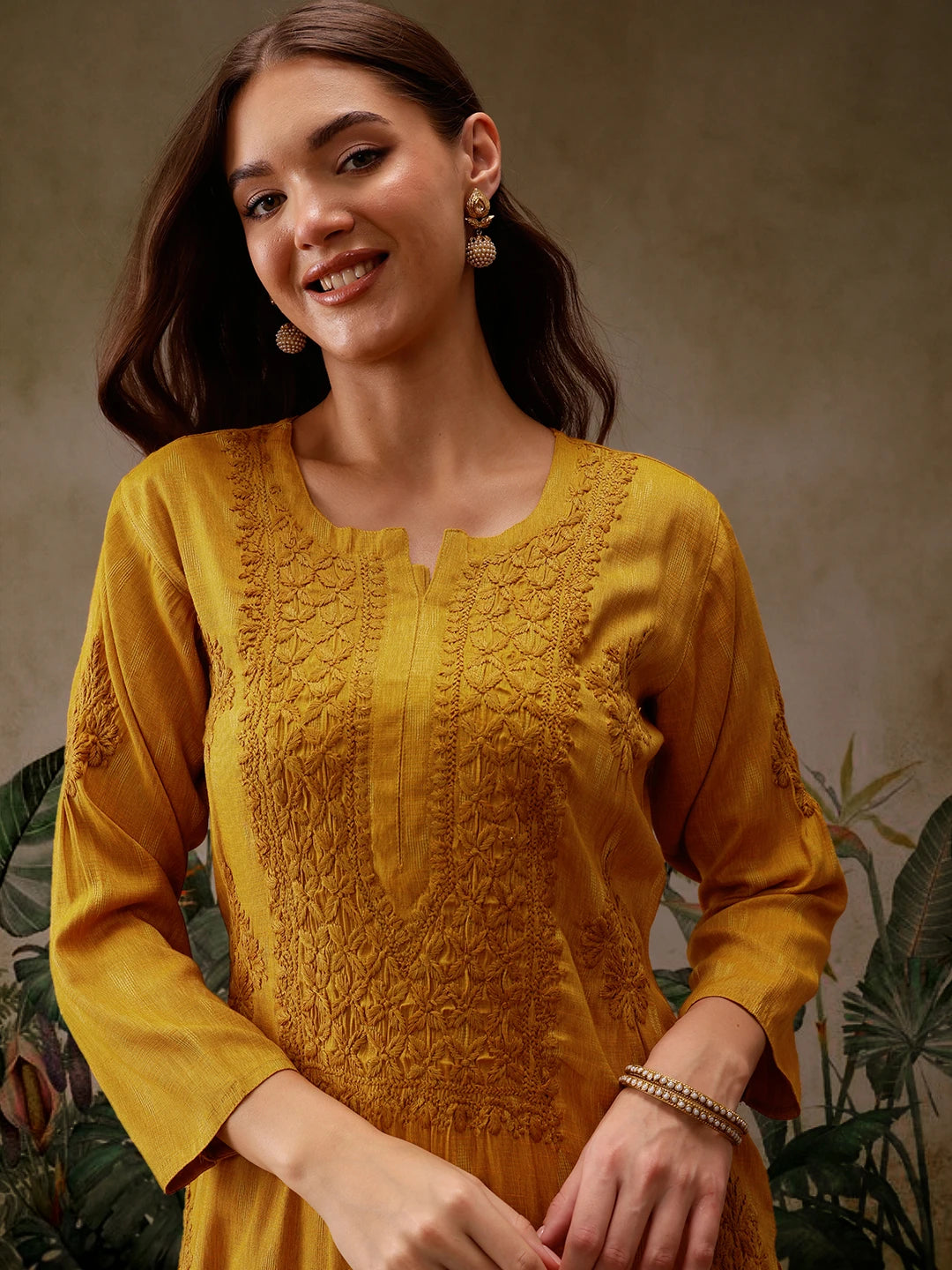 Ada Hand Embroidered Mustard Cotton Lucknowi Chikankari Straight Kurta A411568
