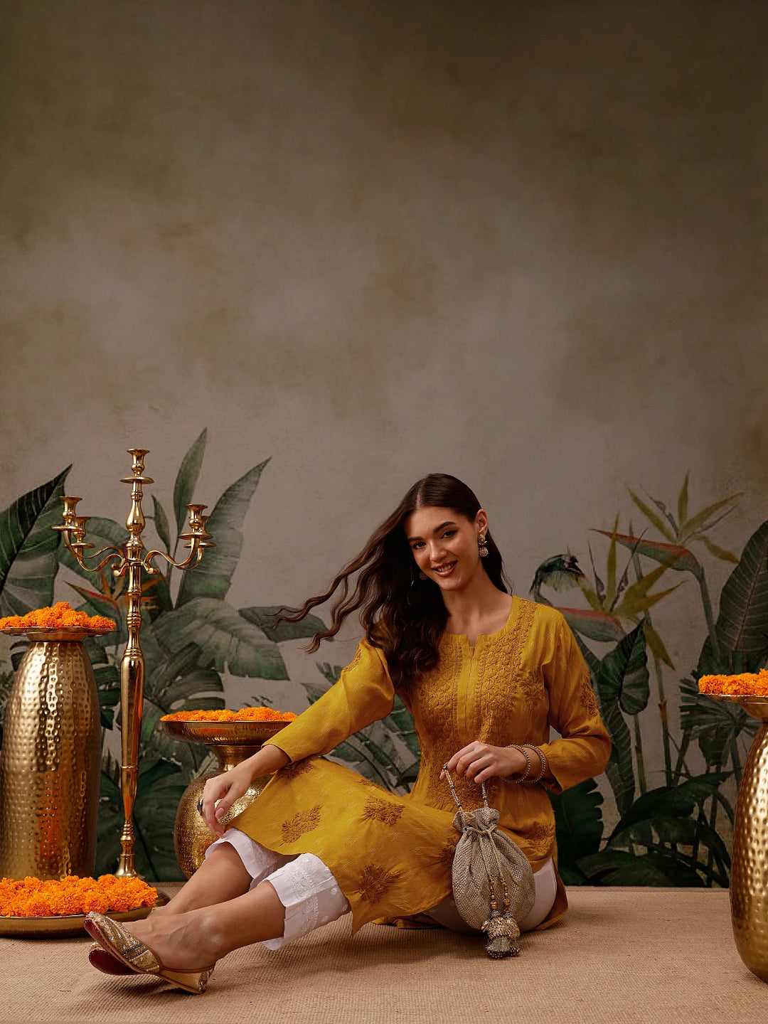 Ada Hand Embroidered Mustard Cotton Lucknowi Chikankari Straight Kurta A411568