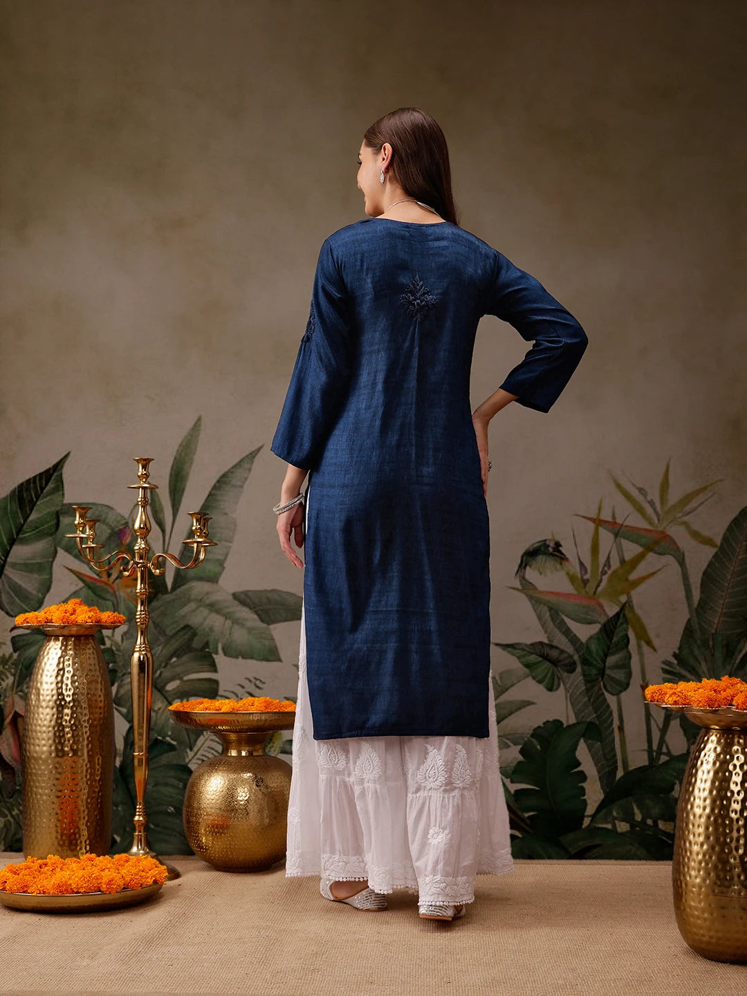 Ada Hand Embroidered Navy Blue Cotton Lucknowi Chikankari Straight Kurta A411566