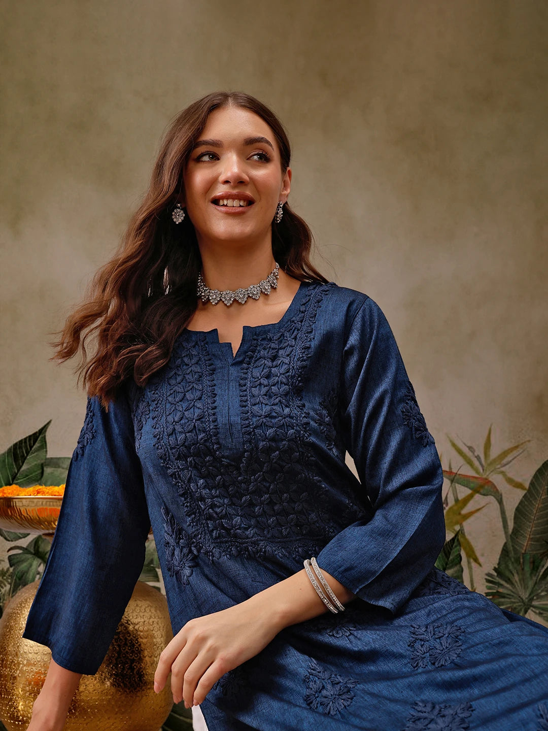 Ada Hand Embroidered Navy Blue Cotton Lucknowi Chikankari Straight Kurta A411566