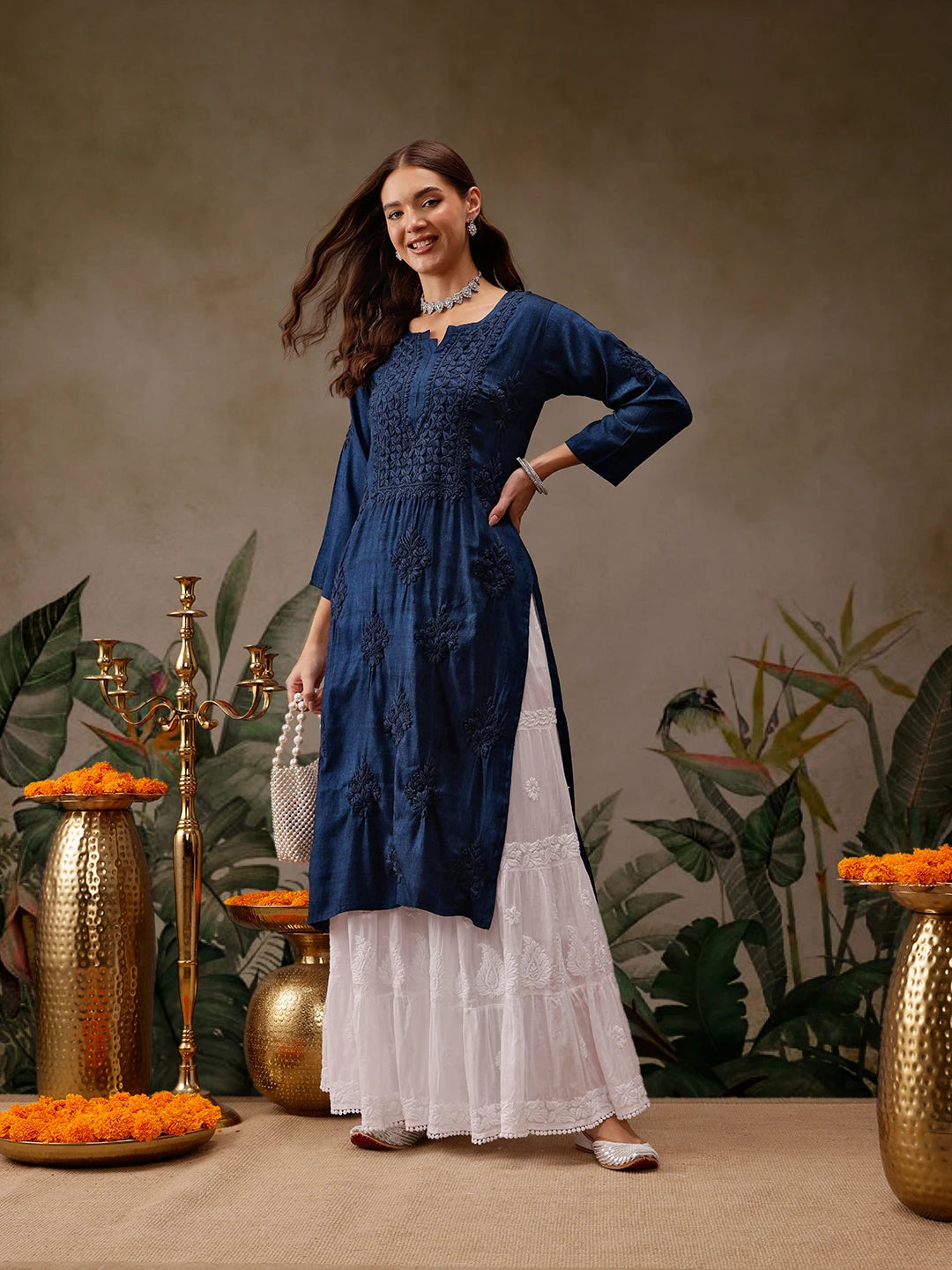 Ada Hand Embroidered Navy Blue Cotton Lucknowi Chikankari Straight Kurta A411566