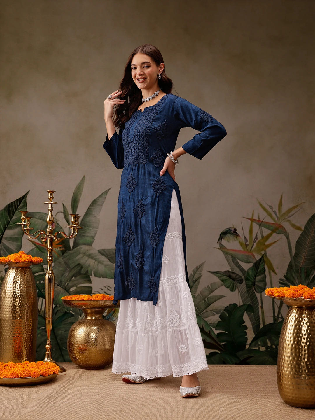 Ada Hand Embroidered Navy Blue Cotton Lucknowi Chikankari Straight Kurta A411566