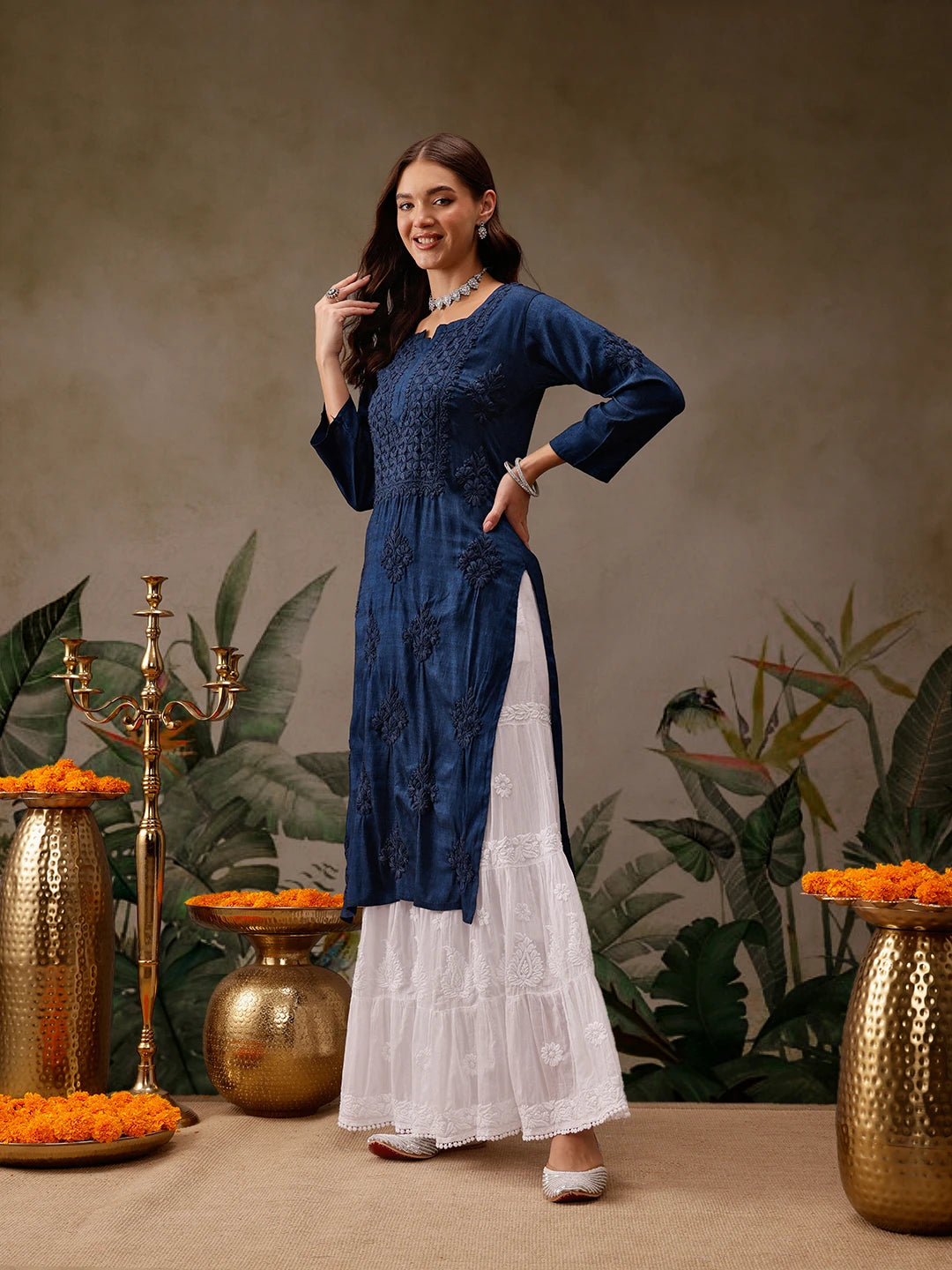 Ada Hand Embroidered Navy Blue Cotton Lucknowi Chikankari Straight Kurta A411566