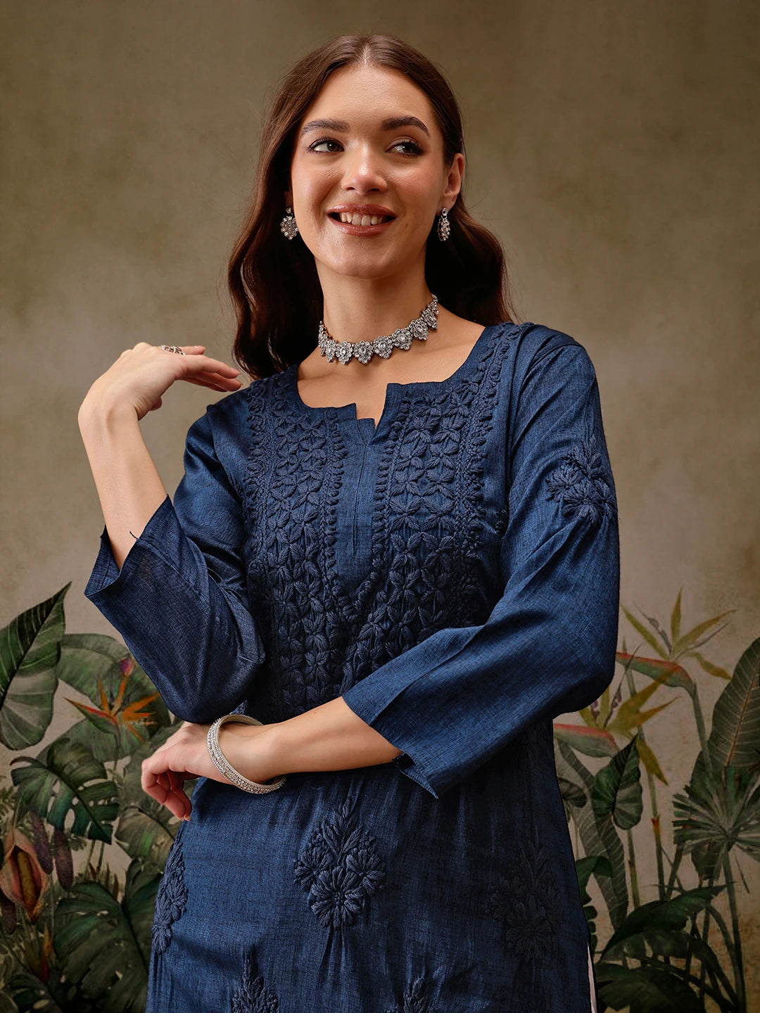 Ada Hand Embroidered Navy Blue Cotton Lucknowi Chikankari Straight Kurta A411566