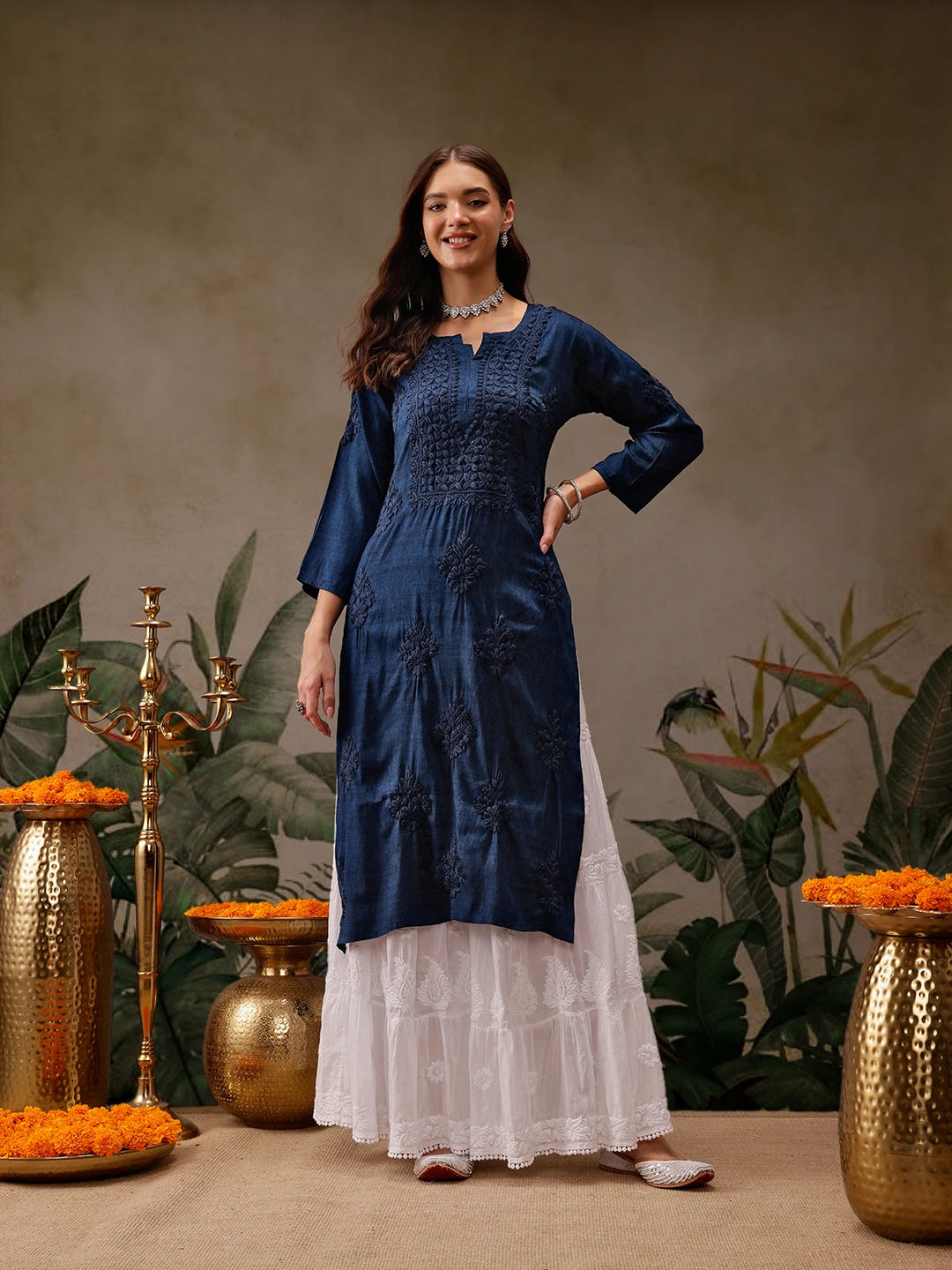 Ada Hand Embroidered Navy Blue Cotton Lucknowi Chikankari Straight Kurta A411566