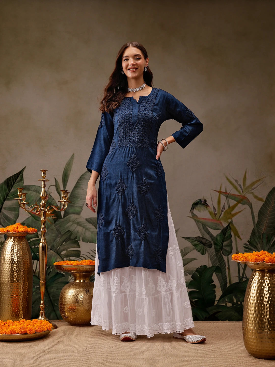 Ada Hand Embroidered Navy Blue Cotton Lucknowi Chikankari Straight Kurta A411566