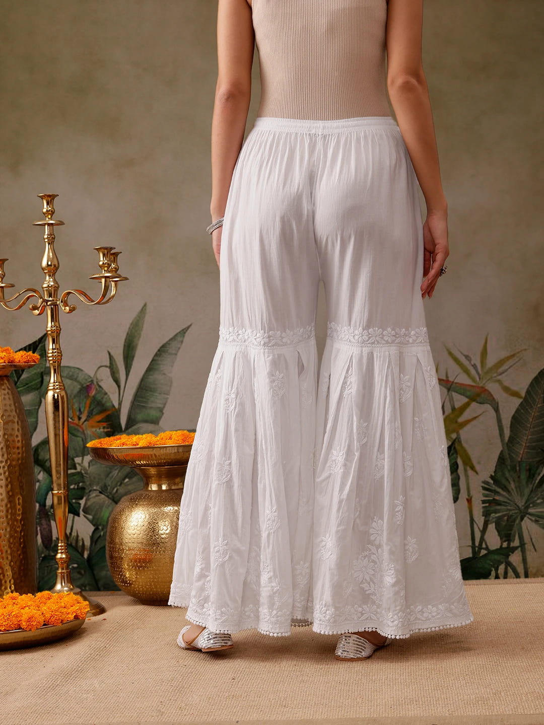 Ada Hand Embroidered White Cotton Lucknowi Chikankari Palazzo A711191