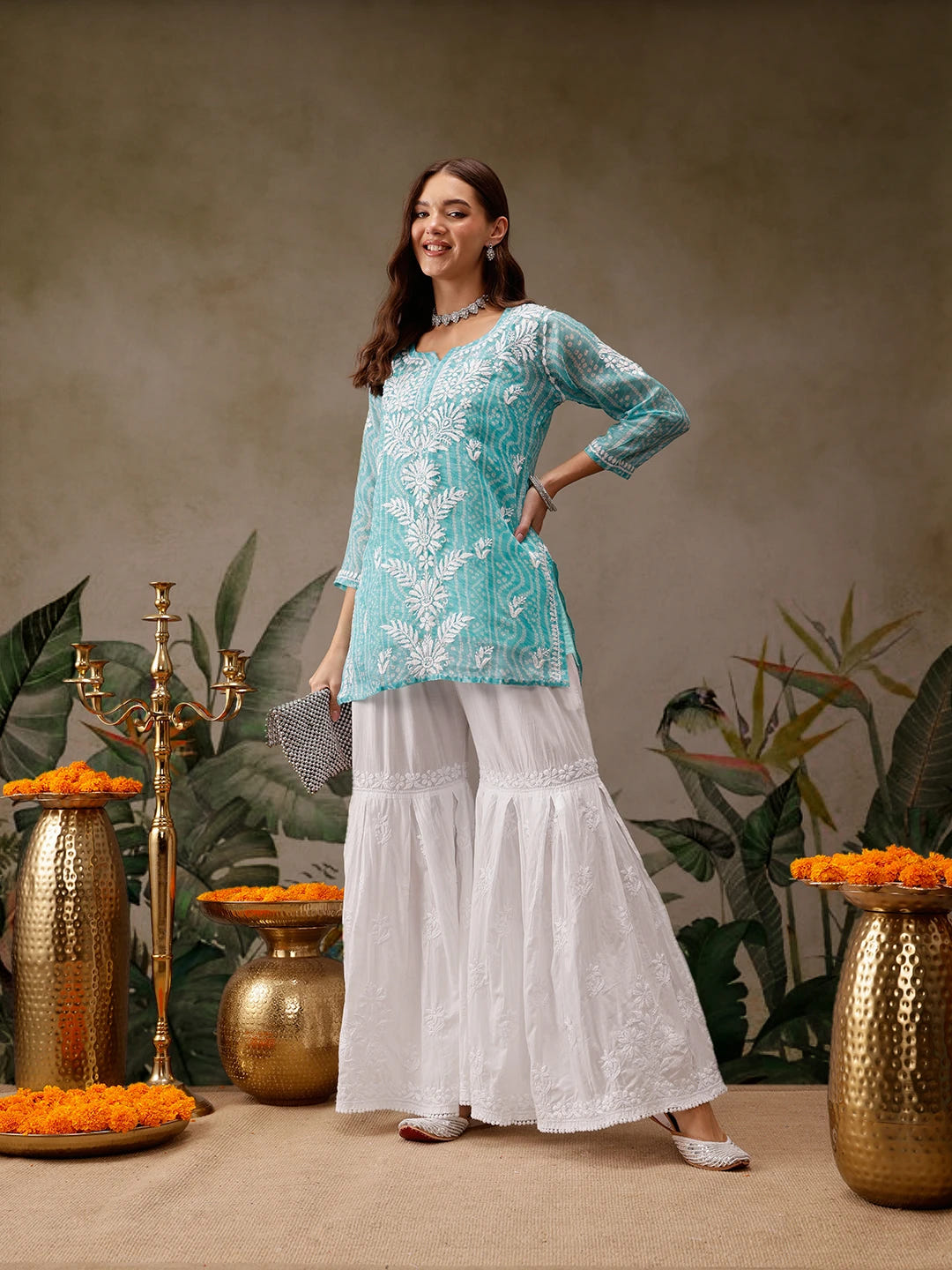 Ada Hand Embroidered White Cotton Lucknowi Chikankari Palazzo A711191