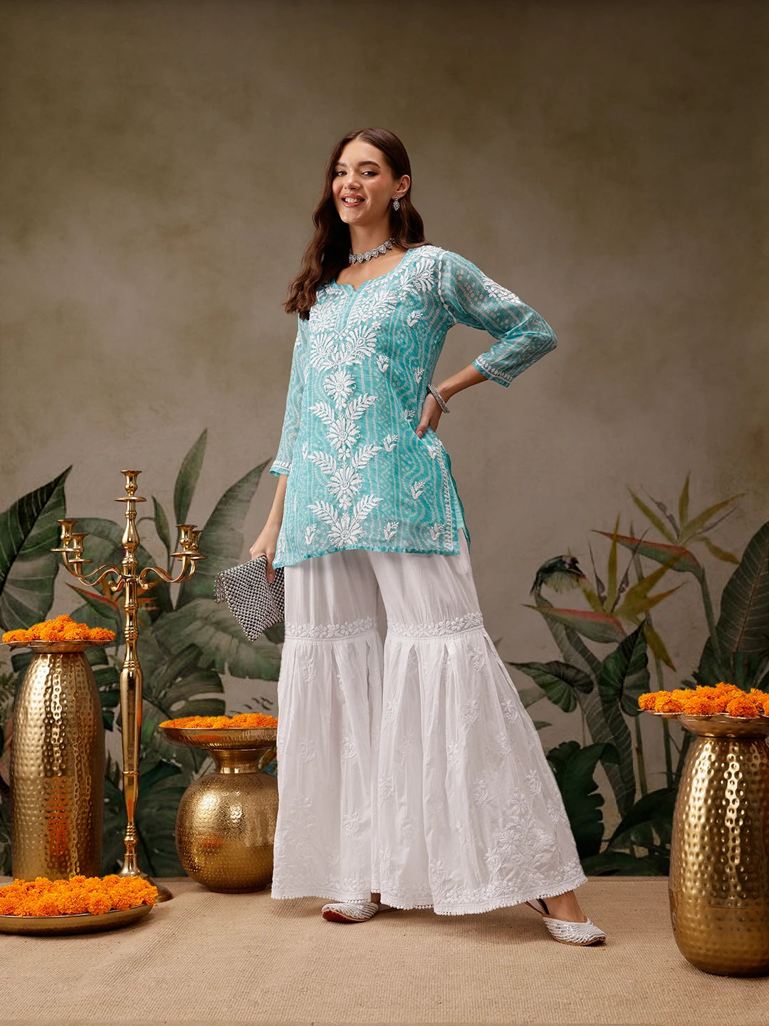 Ada Hand Embroidered White Cotton Lucknowi Chikankari Palazzo A711191
