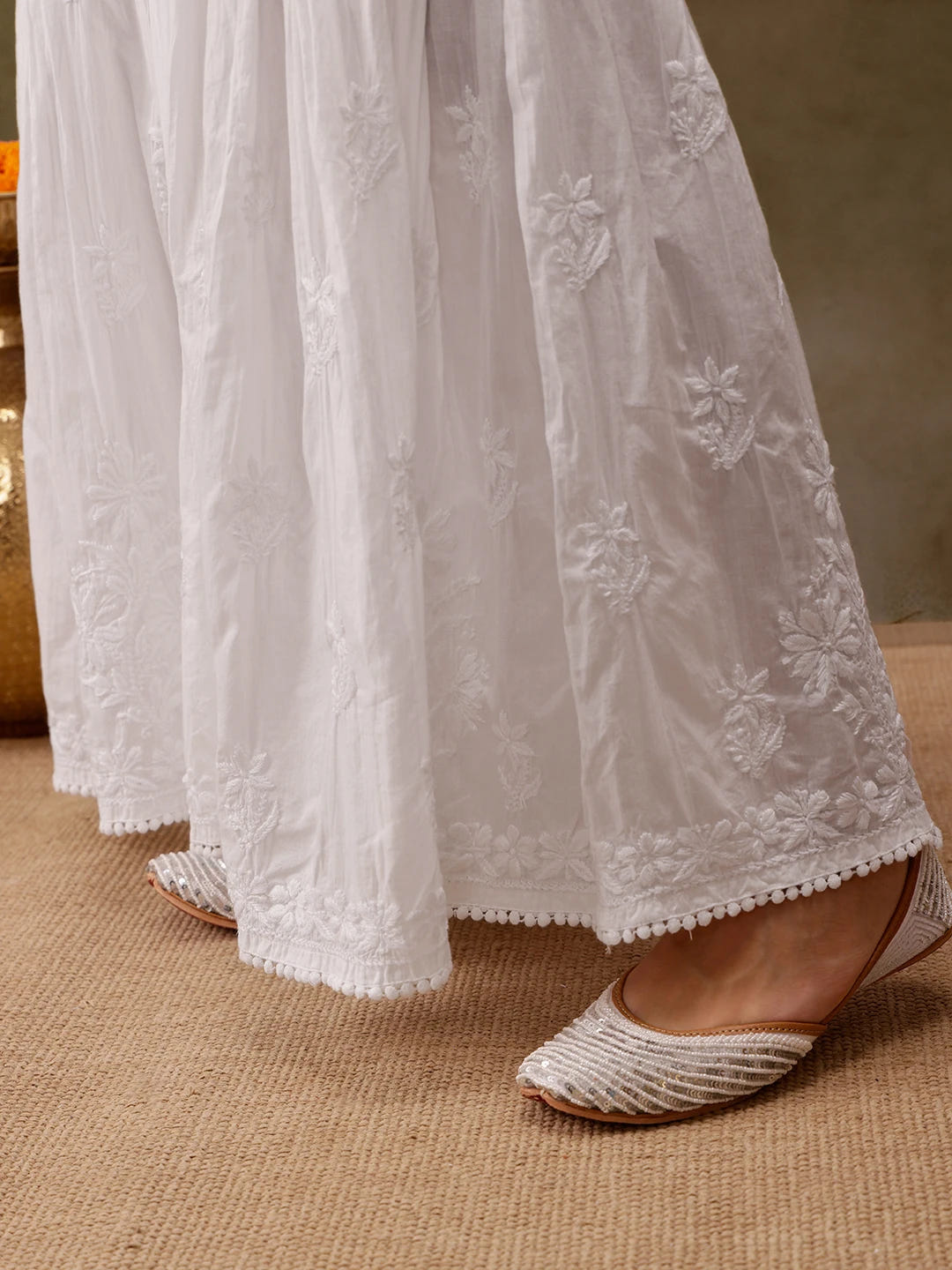 Ada Hand Embroidered White Cotton Lucknowi Chikankari Palazzo A711191