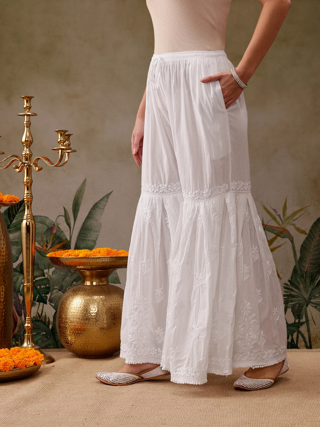 Ada Hand Embroidered White Cotton Lucknowi Chikankari Palazzo A711191