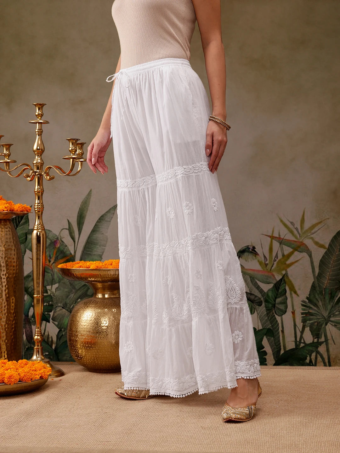 Ada Hand Embroidered White Cotton Lucknowi Chikankari Palazzo A711193