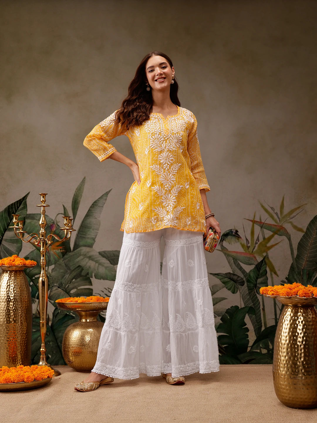 Ada Hand Embroidered White Cotton Lucknowi Chikankari Palazzo A711193