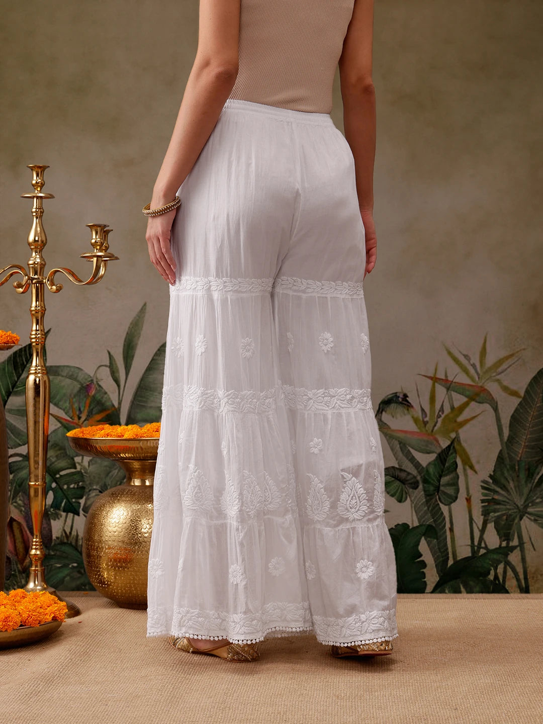 Ada Hand Embroidered White Cotton Lucknowi Chikankari Palazzo A711193