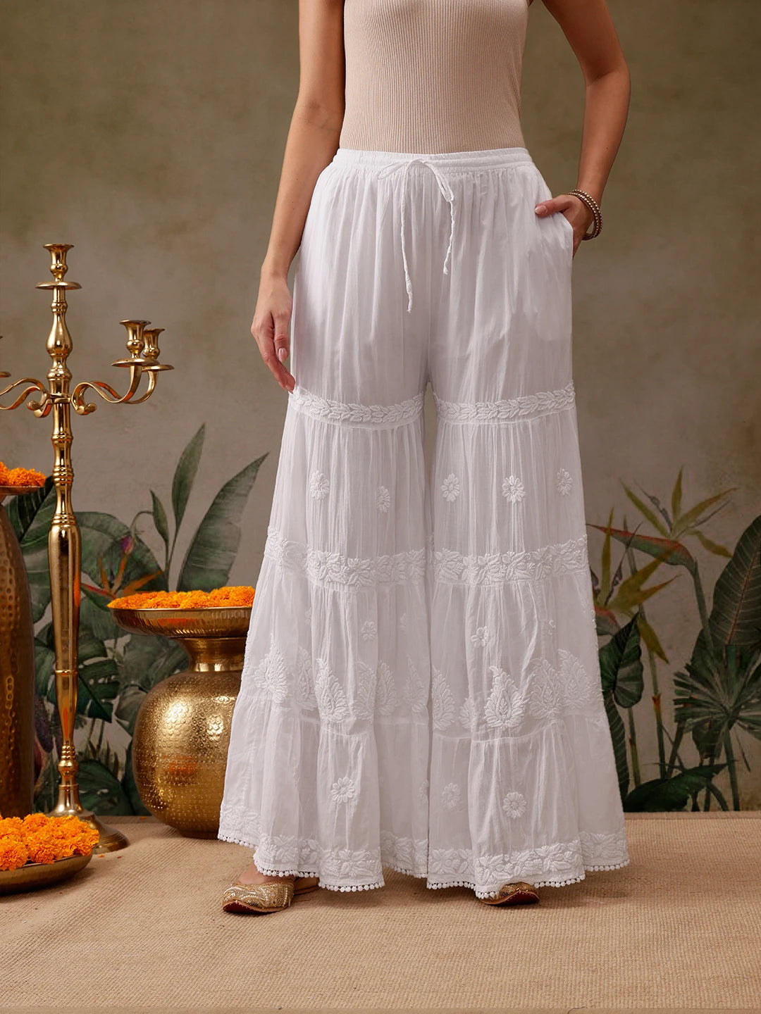 Ada Hand Embroidered White Cotton Lucknowi Chikankari Palazzo A711193