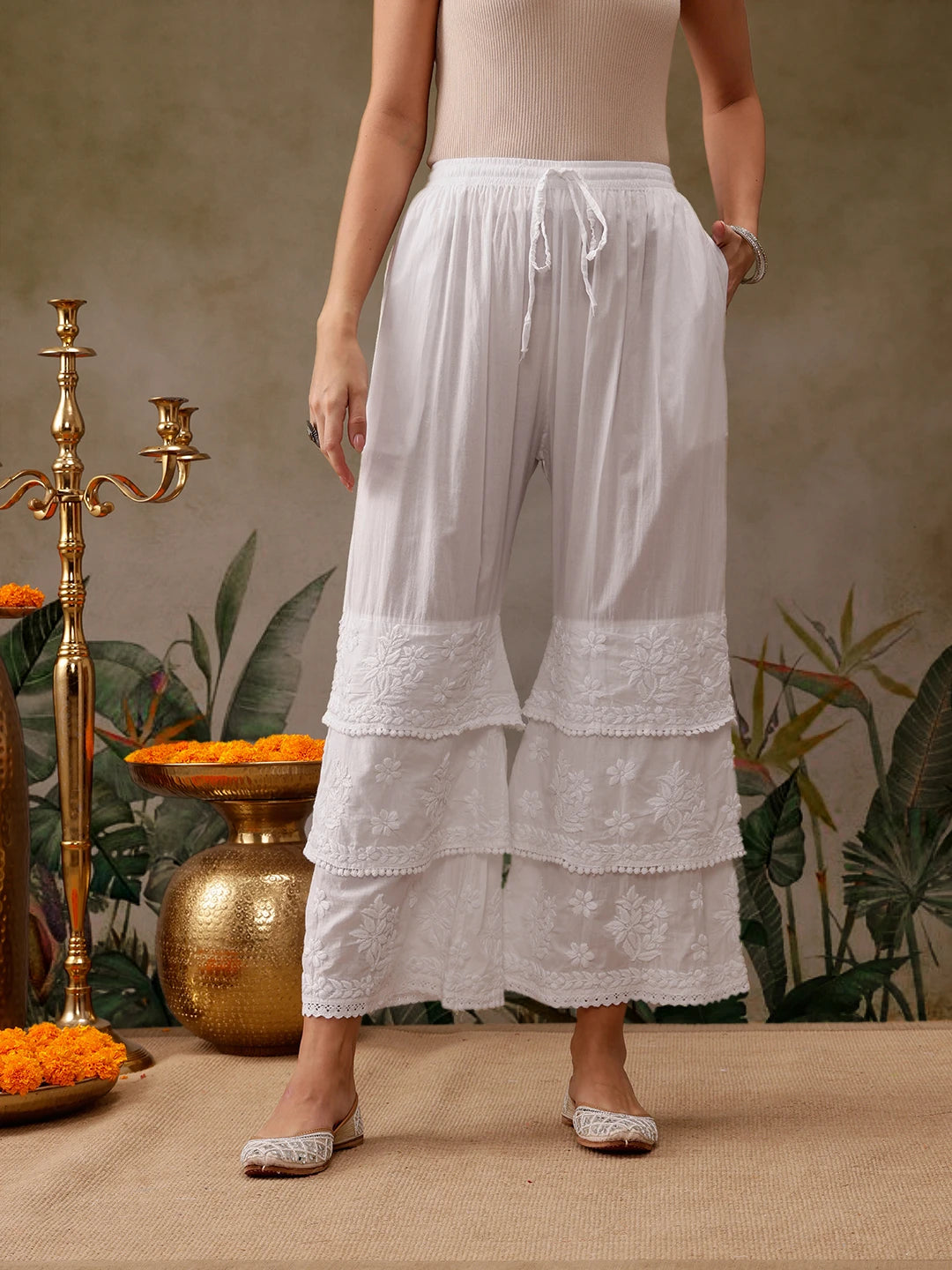 Ada Hand Embroidered White Cotton Lucknowi Chikankari Palazzo A711192