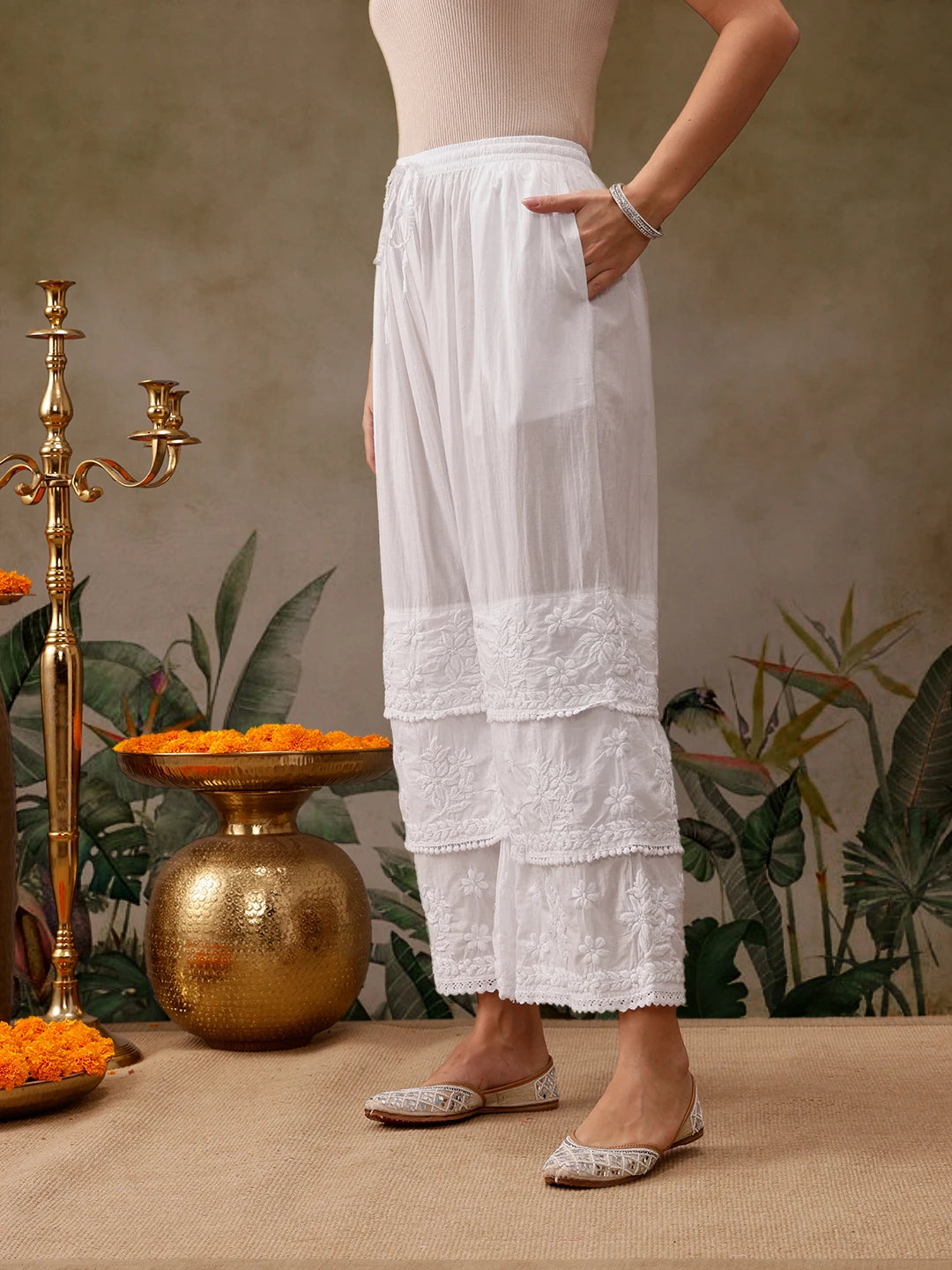 Ada Hand Embroidered White Cotton Lucknowi Chikankari Palazzo A711192