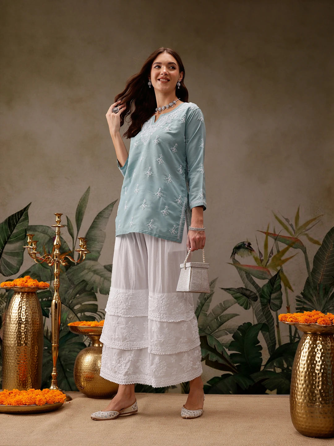Ada Hand Embroidered White Cotton Lucknowi Chikankari Palazzo A711192