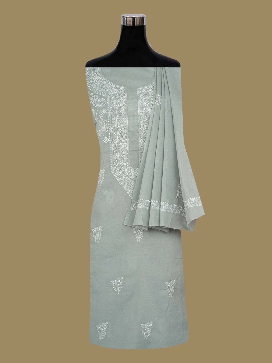 Ada Hand Embroidered Grey Cotton Lucknowi Chikankari Unstitched Suit Piece 01A676999
