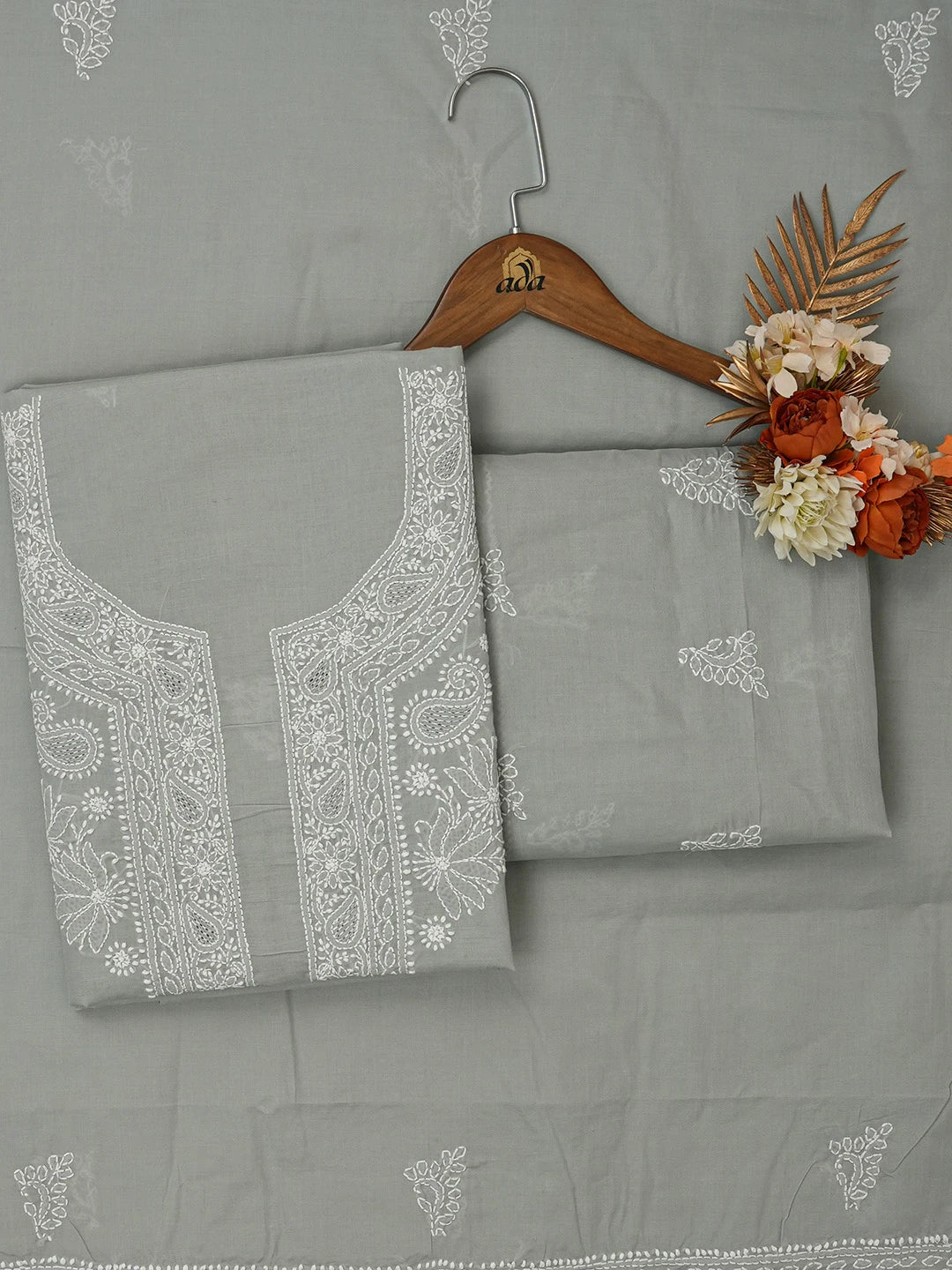Ada Hand Embroidered Grey Cotton Lucknowi Chikankari Unstitched Suit Piece 01A676999
