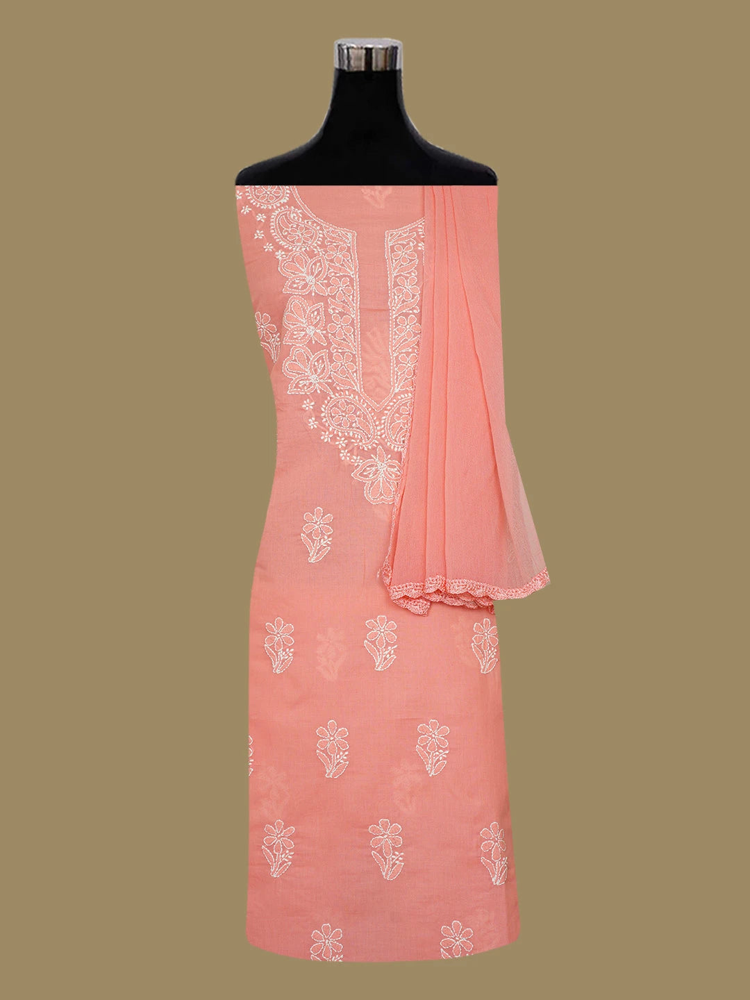 Ada Hand Embroidered Carrot Pink Cotton Lucknowi Chikankari Unstitched Suit Piece 01A677395