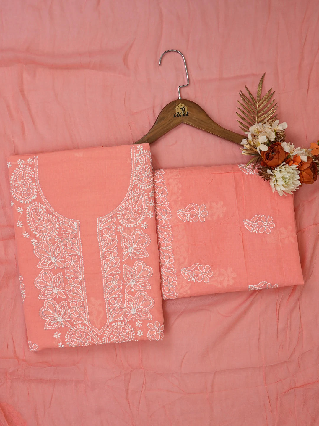 Ada Hand Embroidered Carrot Pink Cotton Lucknowi Chikankari Unstitched Suit Piece 01A677395