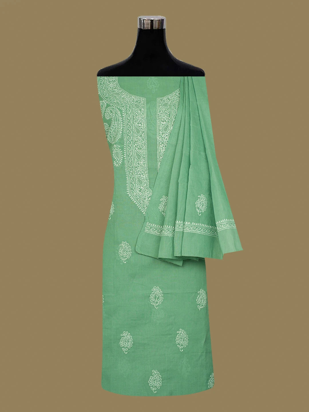 Ada Hand Embroidered Green Cotton Lucknowi Chikankari Unstitched Suit Piece 01A677007