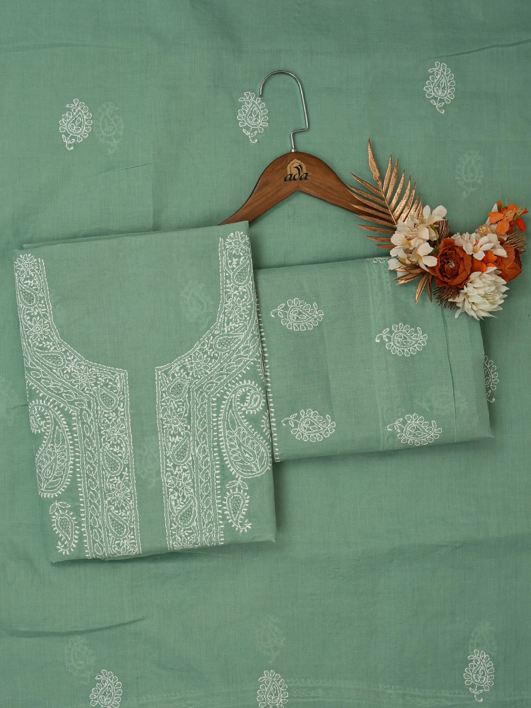 Ada Hand Embroidered Green Cotton Lucknowi Chikankari Unstitched Suit Piece 01A677007