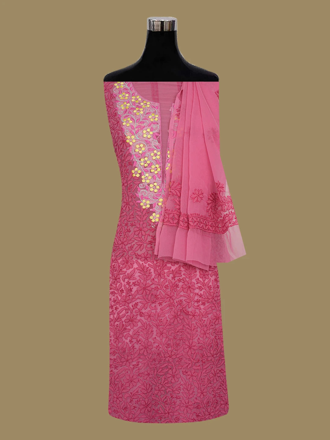 Ada Hand Embroidered Carrot Pink Georgette Lucknowi Chikankari Unstitched Suit Piece with Parsi Work 01A643850