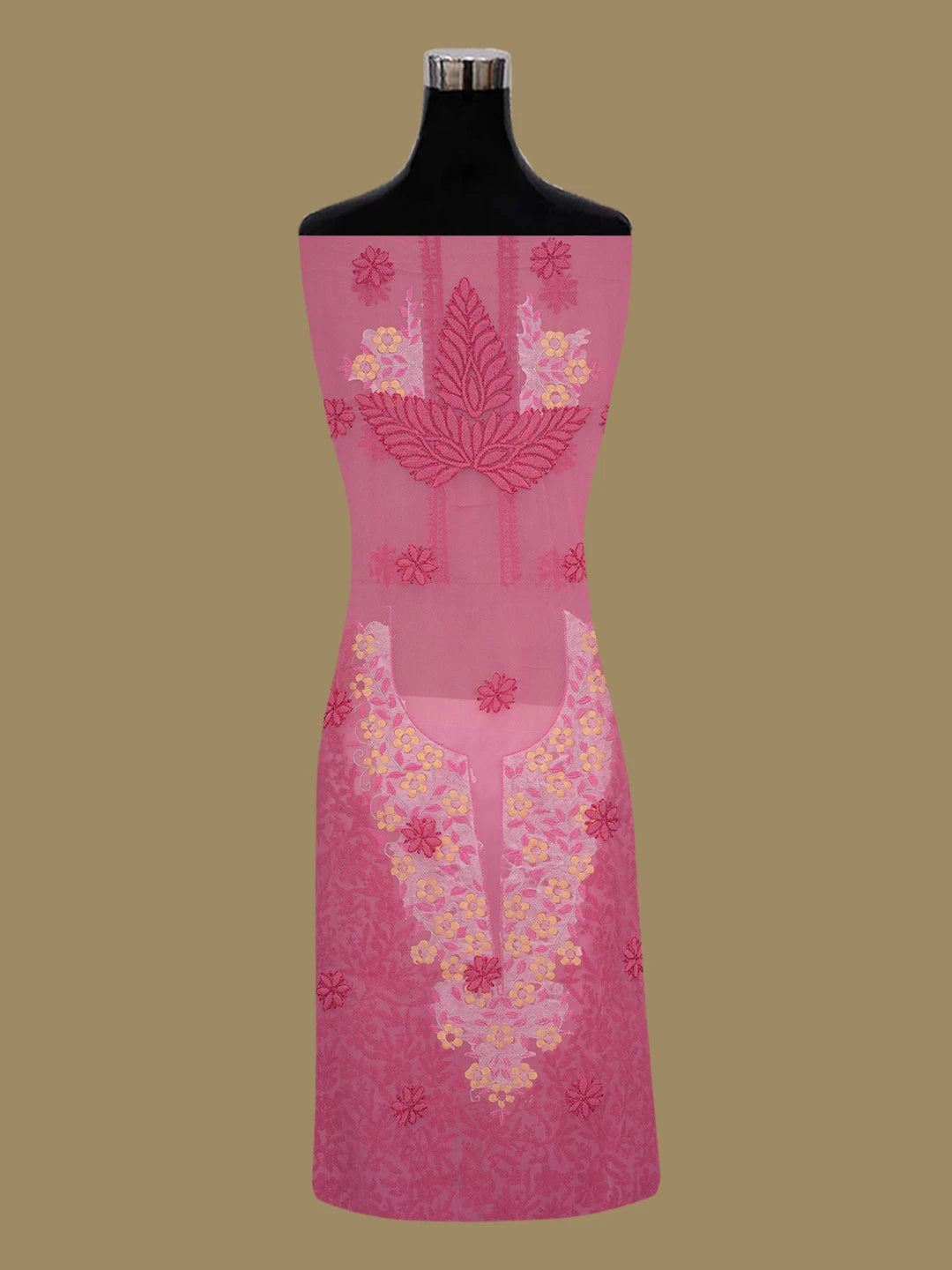 Ada Hand Embroidered Carrot Pink Georgette Lucknowi Chikankari Unstitched Suit Piece with Parsi Work 01A643850