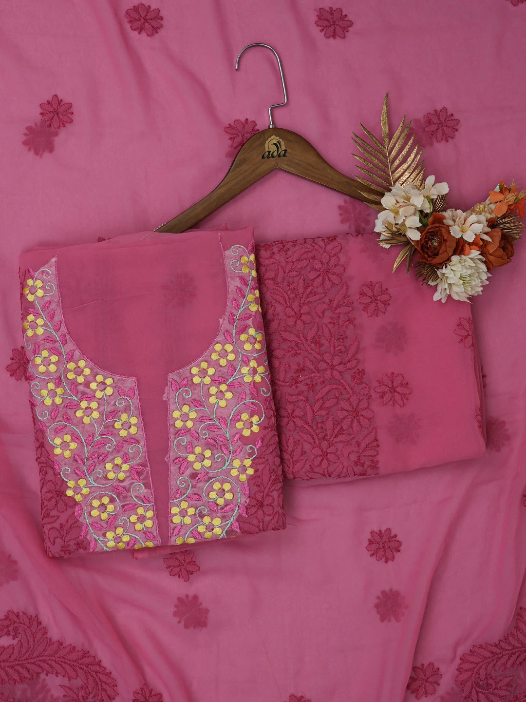 Ada Hand Embroidered Carrot Pink Georgette Lucknowi Chikankari Unstitched Suit Piece with Parsi Work 01A643850