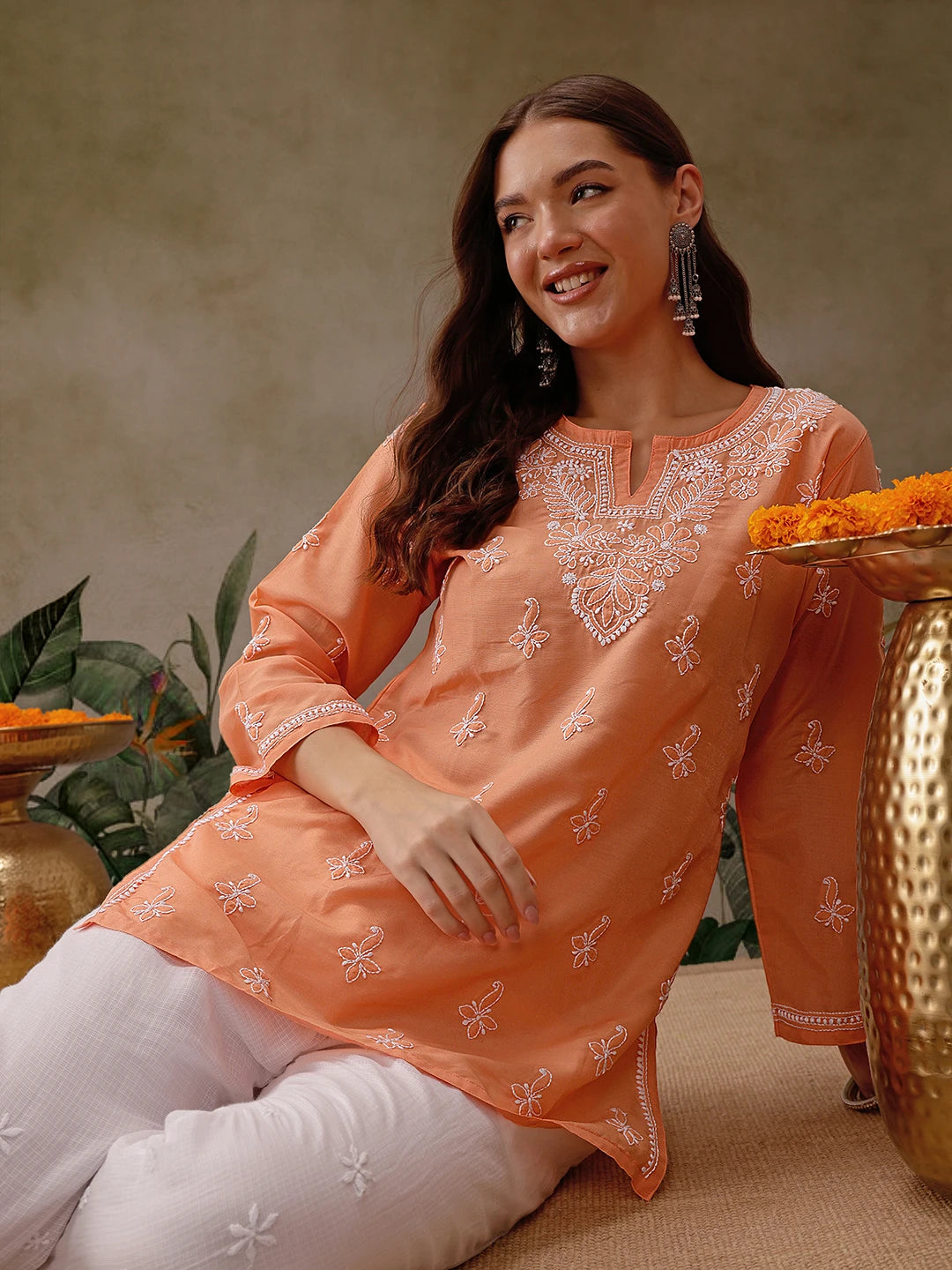Ada Hand Embroidered Orange Muslin Lucknowi Chikankari Short Kurti A911431